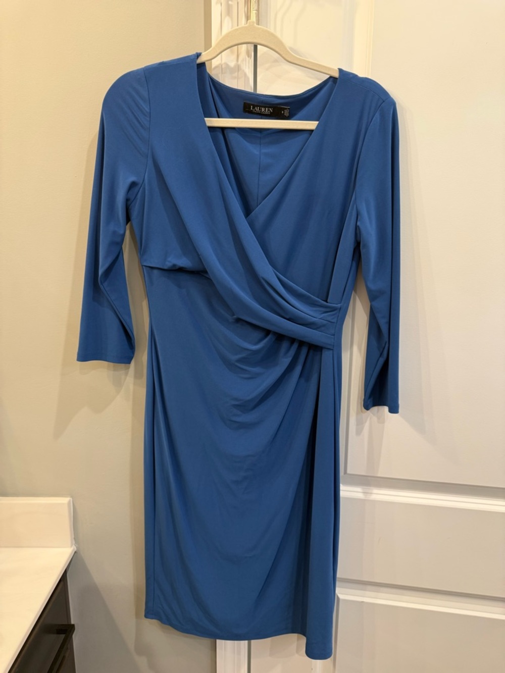 Ralph Lauren Blue Draped Wrap-Front Long Sleeve Dress